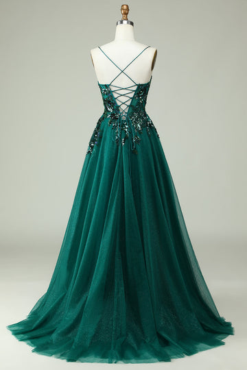 A Line Spaghetti Straps Dark Green Corset Ball Dress with Appliques